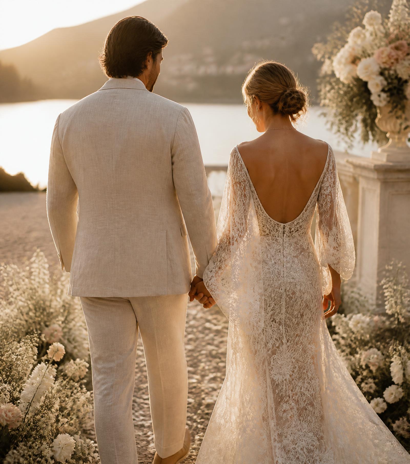 Casal caminhando ao pôr do sol em uma cerimônia elegante